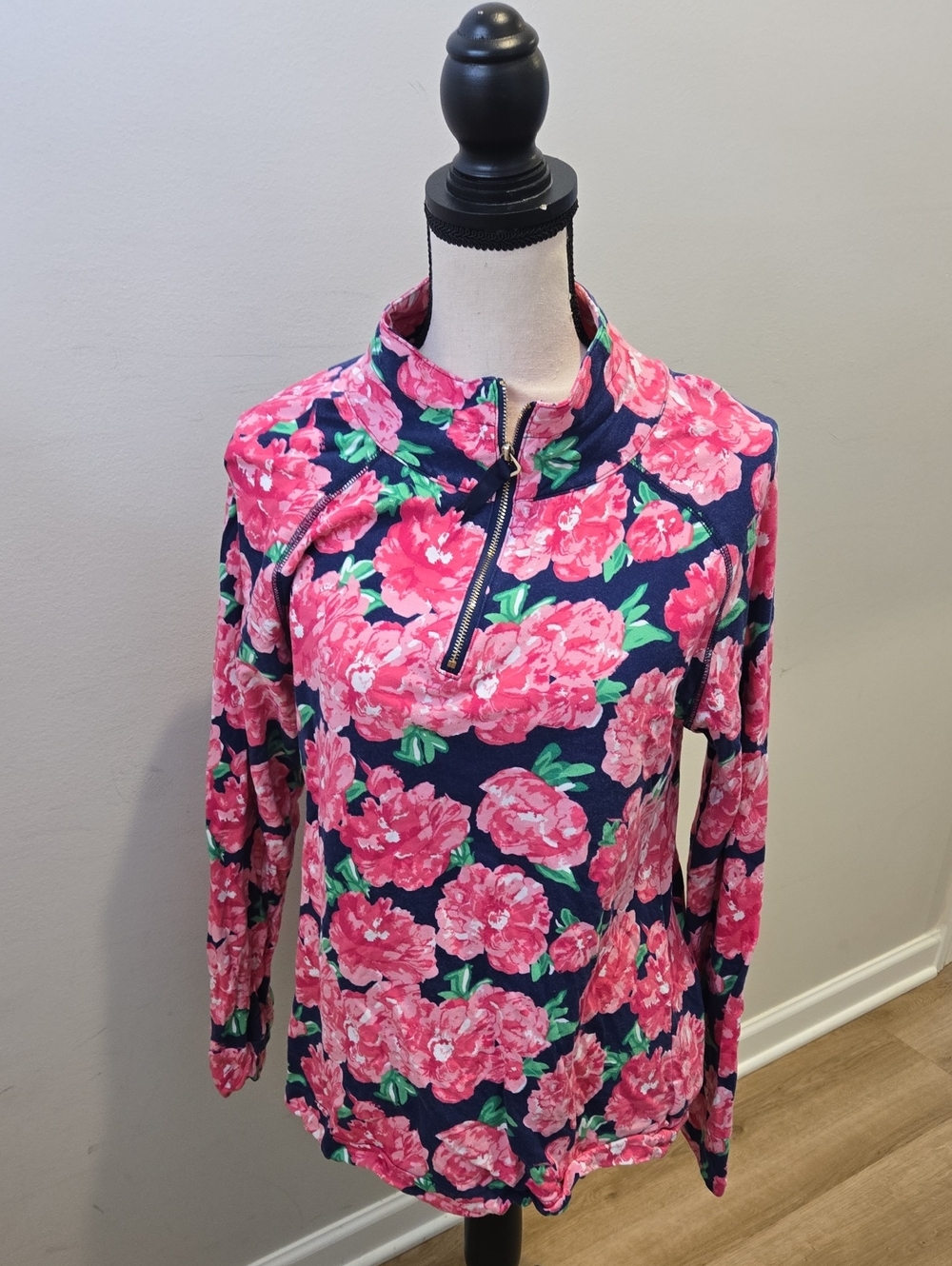 Mud Pie Navy Quarter-Zip Pullover with Pink Floral Print